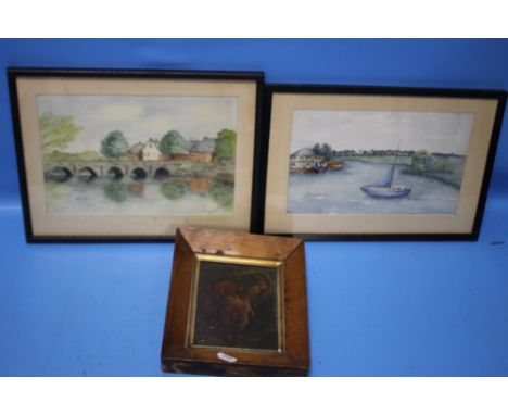 TWO FRAMED WATERCOLOURS, ON REVERSE IS "REV. T. HAMMOND' c.1975, 'Town Bridge Christchurch' and 'View From Christchurch Quay'