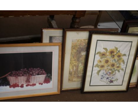 A FRAMED AND GLAZED TAPESTRY TOGETHER WITH THREE PRINTS  (4)