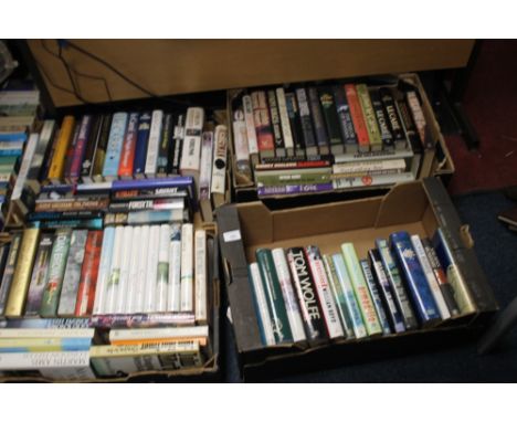 FOUR TRAYS OF HARDBACK NOVELS INCLUDING SOME FIRST EDITIONS