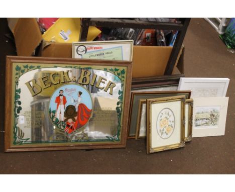A QUANTITY OF PICTURES AND PRINTS TOGETHER WITH A BECKS BIER ADVERTISING MIRROR