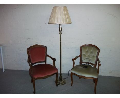 TWO MODERN REPRO BEDROOM CARVER CHAIRS AND A BRASS EFFECT STANDARD LAMP