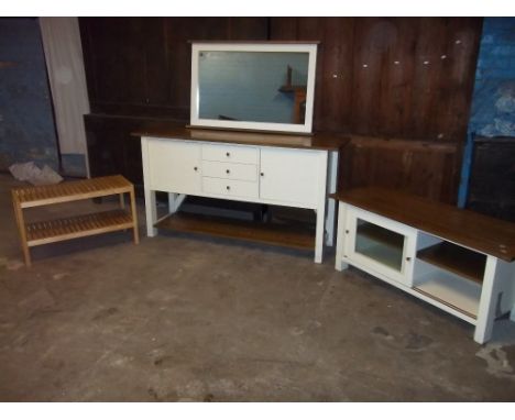 A BENTLEY DESIGNS PREMIER COLLECTION SIDEBOARD, TV MEDIA UNIT STAND AND MIRROR TOGETHER WITH AN EXTRA SHOE TIDY SHELF
