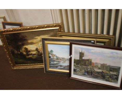 AN OIL ON CANVAS DEPICTING A LANDSCAPE SIGNED F. BEELK TOGETHER WITH THREE FRAMED PRINTS