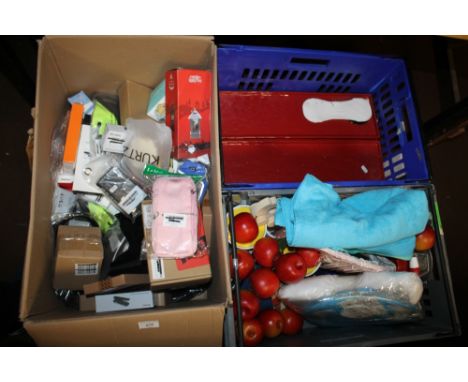 THREE BOXES OF NEW ITEMS TO INCLUDE CERAMIC TRAYS, WOODEN APPLES, PHONE CASES ETC.