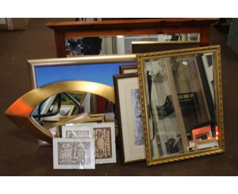 A QUANTITY OF PICTURES, PRINTS AND A MIRROR TOGETHER WITH A PINE FRAMED MIRROR 95 X 73 CM