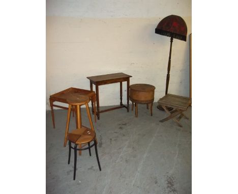 SEVEN ITEMS TO INCLUDE A STANDARD LAMP, TABLES AND STOOLS