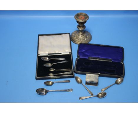 A QUANTITY OF SILVER ITEMS TO INCLUDE A CANDLESTICK, SPOONS, SUGAR TONGS ETC.