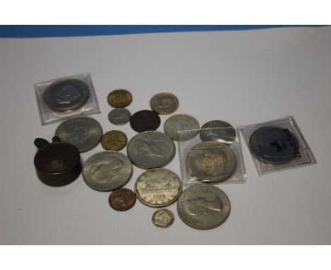 A WWI TRENCH ART CIGARETTE LIGHTER, A CANADA 1966 SILVER DOLLAR AND OTHER COINS ETC.