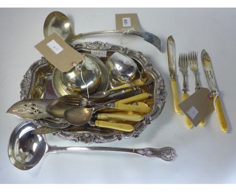 A collection of silver plated items including flatware, a butter dish and others