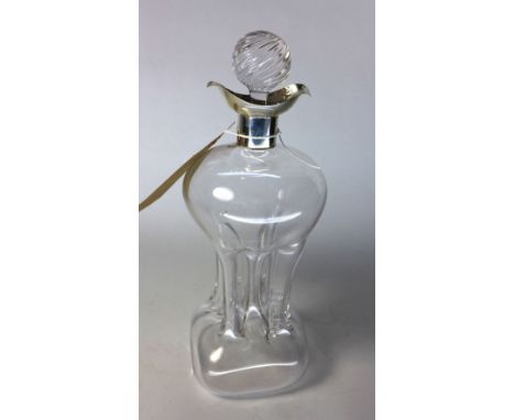An hourglass form decanter with a silver collar, 38cm High 