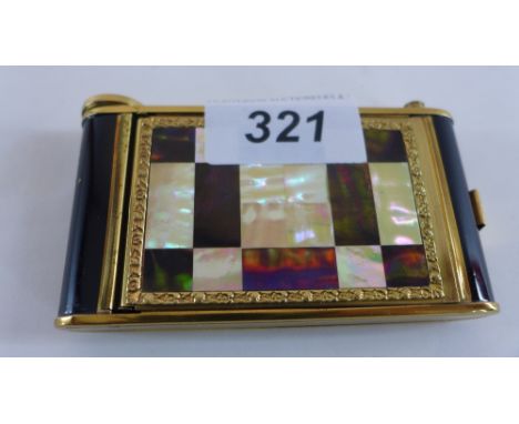 An Art Deco ladies compact, cigarette case and lipstick holder, having geometric mother of pearl and abalone detail H 6 x W 1