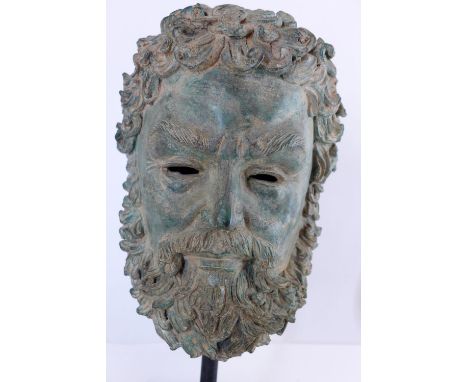 A cast verdigris bronze portrait bust of a classical bearded Grecian man, on a stand H 47 x 26 x 28cm  
