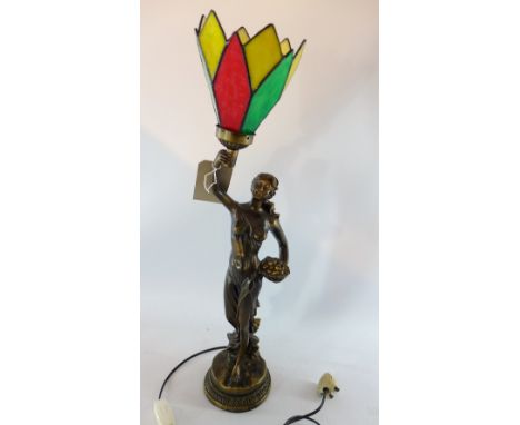 A bronze uplighter table lamp i the form of a lady holding the shade aloft, H 74 x W 19 x D 15cm 