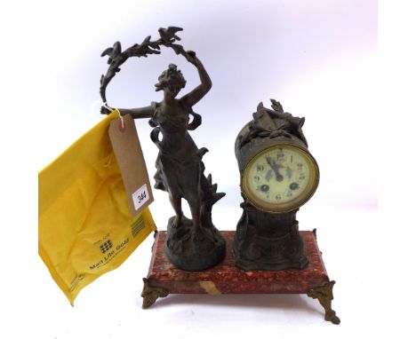 A French spelter clock, raised on marble base H: 44cm W: 30cm D: 13cm