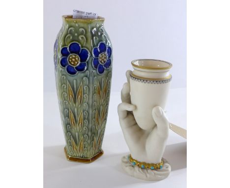 A Royal Worcester Vase in the form of a lady's hand known as "Mrs Adley's" "and" together with a Doulton Lambeth vase