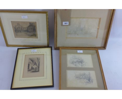 In the manner of Copley Fielding, a pencil sketch of Ely Cathedral 22 x 14cm together with 3 etchings 