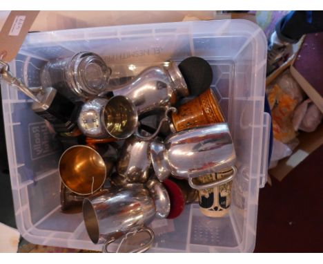 A collection of various tankards including silver plated, ceramic and other examples 