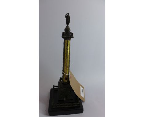 A bronze thermometer, in the form of the column of Marcus Aurelius in Rome, raised on a marble base H 29 x W 10 x D 10cm 
