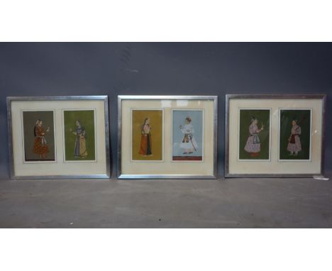 Three framed Mughal diptych studies of noblemen and ladies, gouache, each panel 19 x 11cm 