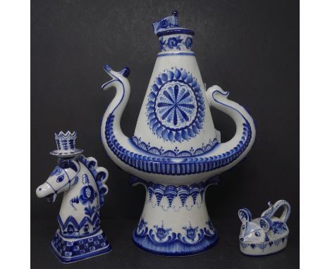 Three 20th century Russian blue &amp; white ceramics to include a teapot, a candle stick holder and a mouse pot 