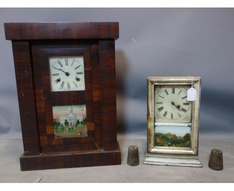 An American shelf clock by Chauncey Jermone, enamel Roman dial, with glass panel and depicting of building, H.62 W.44cm; toge