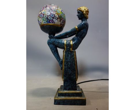 An Art Deco style ceramic figural table lamp, with millefiori glass shade, H.39cm 