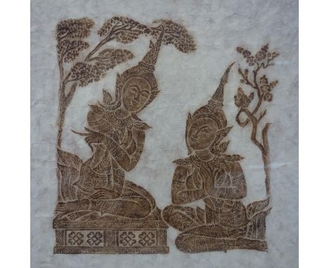 A Thai rubbing of two deities in a garden setting, framed and glazed, 44 x 40cm 