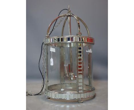 A large nickel plated and glass three branch circular hall lantern, H.76cm Diameter 42cm 