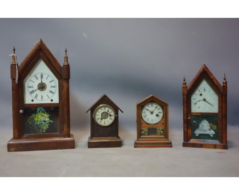 Four clocks, to include an American Steeple clock by Seth Thomas with floral painted decoration to glass panel, 50 x 29cm; an