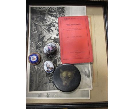 Wellingtonia, two books, two framed pictures, three enamel boxes and medals  