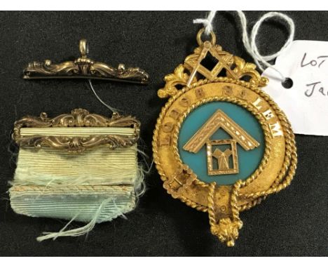 Masonic Interest - an 18ct gold Masonic jewel with blue enamel centre, presented in 1875 to Robert Wallaley by The Bethren of