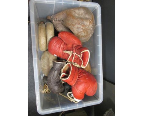 A leather portmanteau, leather Rugby balls, boxing gloves, a leather punch bag, cast iron dumb bells, etc. (7)  