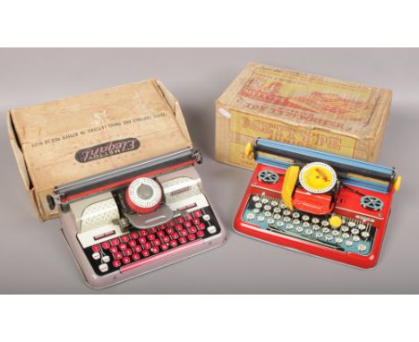 Two boxed vintage tinplate typewriters; Mettype Junior and Mettoy Elegant. 