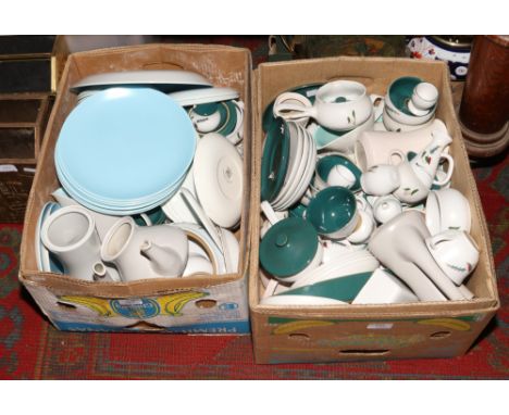 Two boxes of Denby Green Wheat and Poole pottery. 