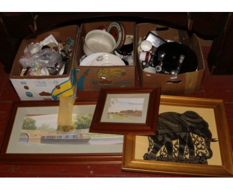 Three boxes of miscellaneous mainly ceramics Poole, Aynsley, Royal Stafford examples, along with three prints. 