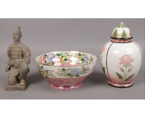 Maling decorative bowl, 6562 peony rose, florin carved ginger jar, terracotta army soldier figure. 