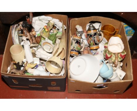 Two boxes of miscellaneous to include Carltonware, Staffordshire style figure, German steins etc. 