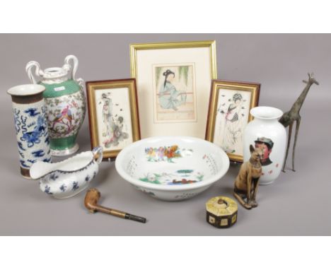 A collection of oriental wares to include vases, pipe, snuff box, prints etc. 
