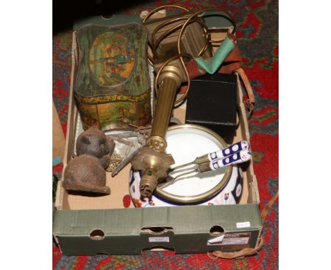 A box of miscellaneous to include brass table lamp, vintage tin, box camera etc. 