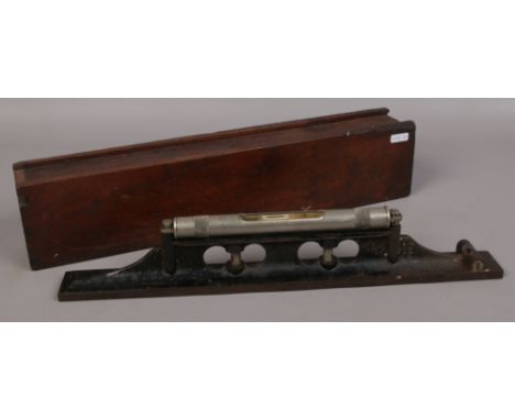 A J. Rabon &amp; Son vintage metal spirit level in slide top wooden case. 
