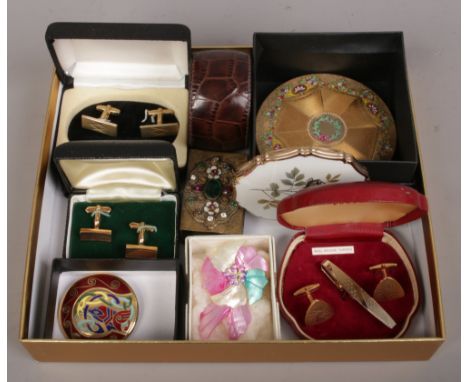 A box of costume jewellery and collectables including Stratton cufflinks, Osprey grained bangle and compacts etc. 