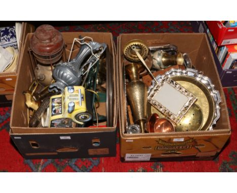 Two boxes of metalwares to include tins, tilley lamp, decorative brasswares etc. 