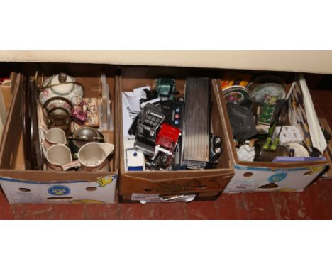 Three boxes of miscellaneous to include alabaster clock, model trucks, outdoor lantern etc. 