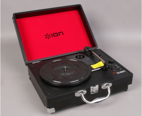 A portable ION record player. 