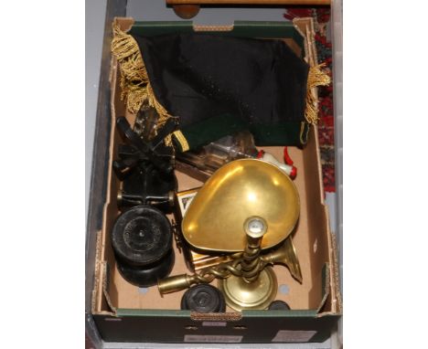 A box of collectables to include Heralic sign, mantle clock, scales etc. 