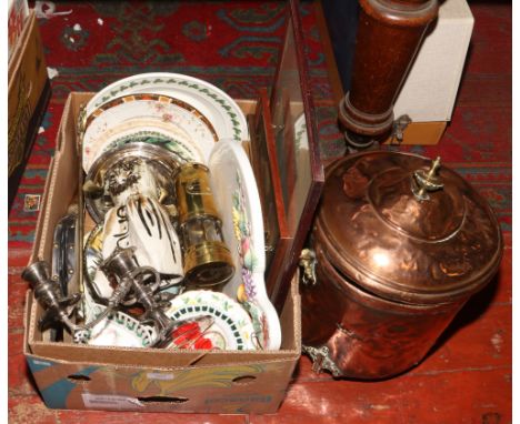 A box of miscellaneous to include oil lamp, brass and copper log box, framed prints, silver plate, coronation bowl etc. 