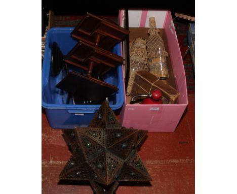 Two boxes of miscellaneous to include three display stands, vintage sampler etc. 