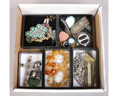 A collection of vintage costume jewellery including Art Deco clips, bloodstone cufflinks and white paste line bracelet etc. 