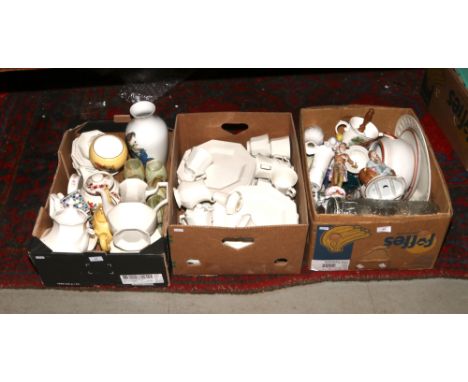 Three boxes of miscellaneous to include Aynsley, Royal Worcester, Johnson dinnerwares, Wade etc. 