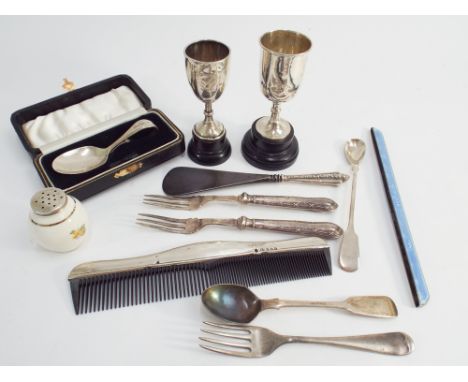 Collection of miscellaneous silver items to include flatware, two small trophy cups, boxed caddy spoon etc. 